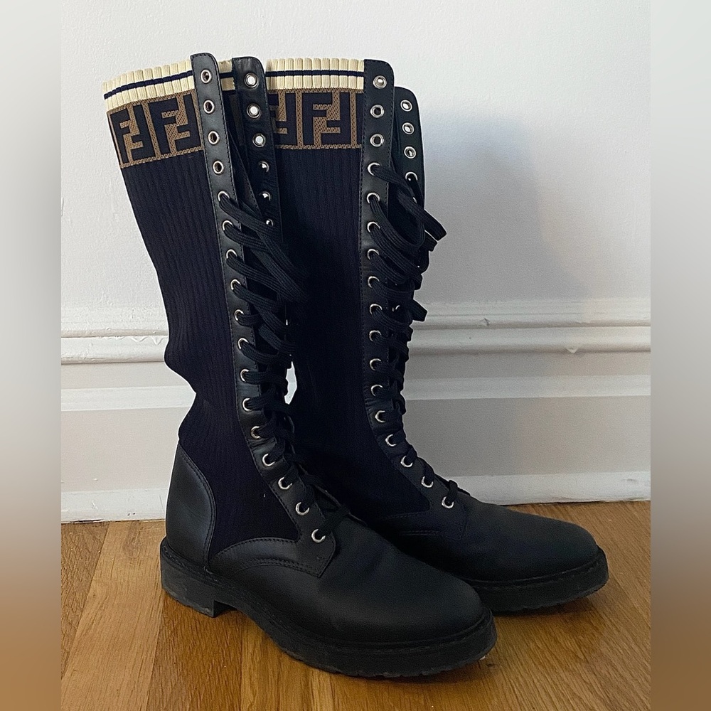 FENDI Stretch Knit lace up leather tall riding boots Size 37.5